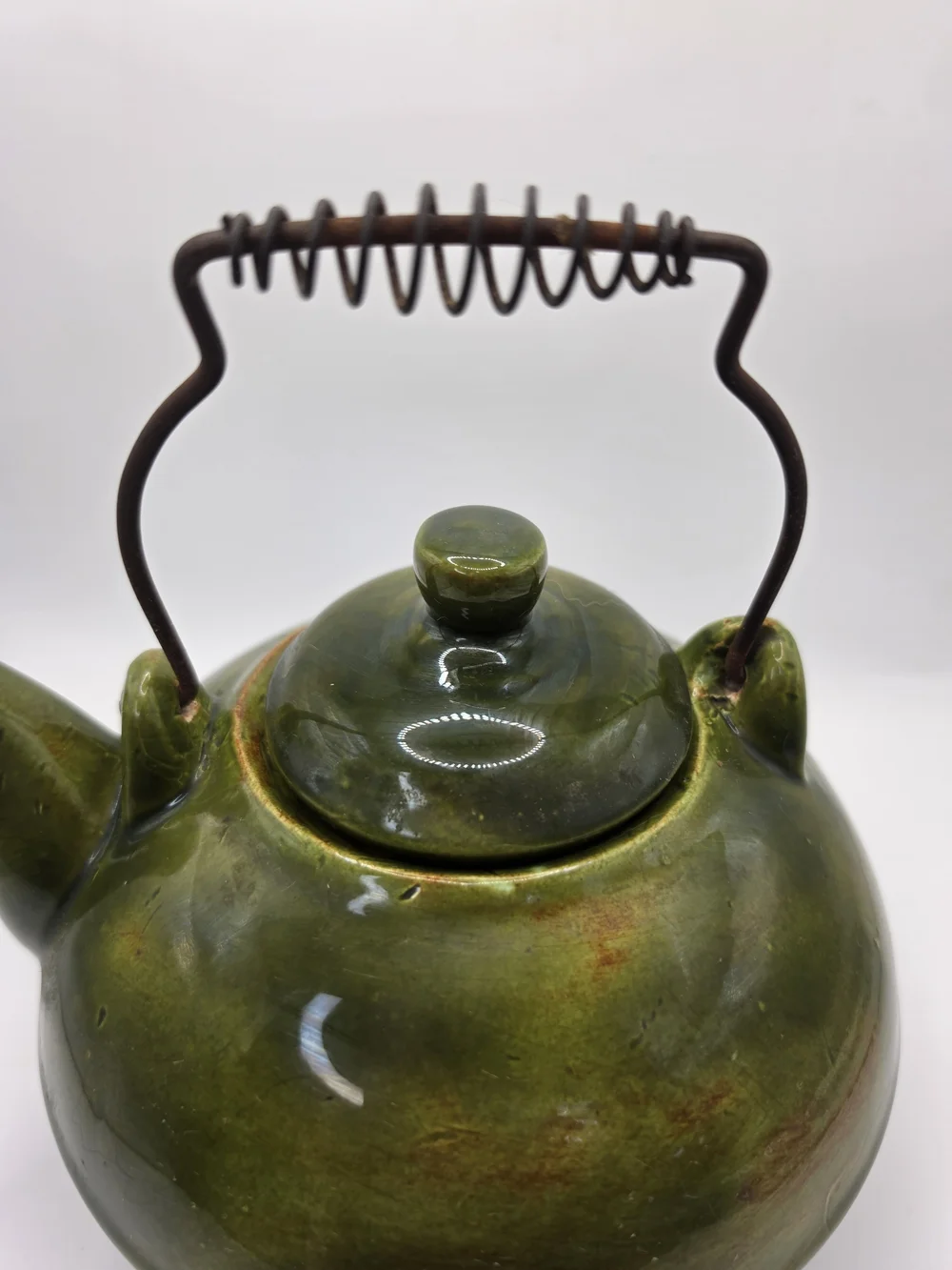 Vintage 1960s Glazed Ceramic Stoneware Teapot in Olive Green with Coil Wire Hand